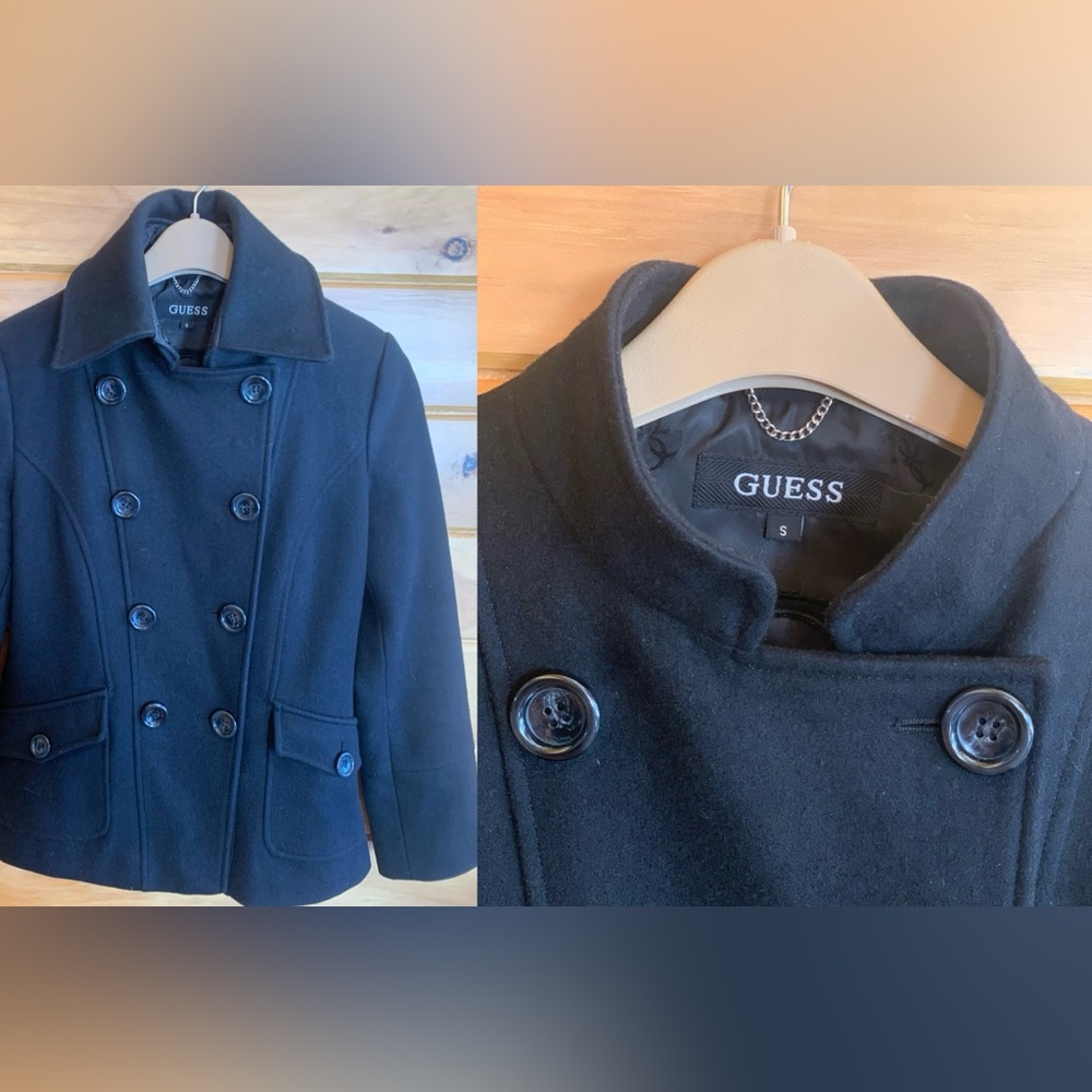 GUESS PEA COAT WITH REMOVABLE COLLAR BLACK WOOL BLEND SMALL✨EUC✨